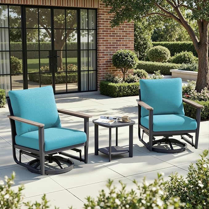 Aluminum Patio Swivel Rocking Chair Outdoor Bistro Set, 3PCS Patio Conversation Set Outdoor Patio Furniture Set with High Backrest & Thickened Cushions for Garden, Deck and Balcony, Turquoise