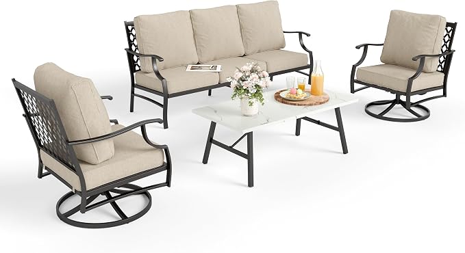 MIXPATIO Patio Furniture Set 4 pcs, Metal Outdoor Patio Furniture, 3-Seat Sofa, 2 Swivel Chairs, Metal Coffee Table and 5.75" Extra Thick Cushion, Patio Conversation Set,Beige