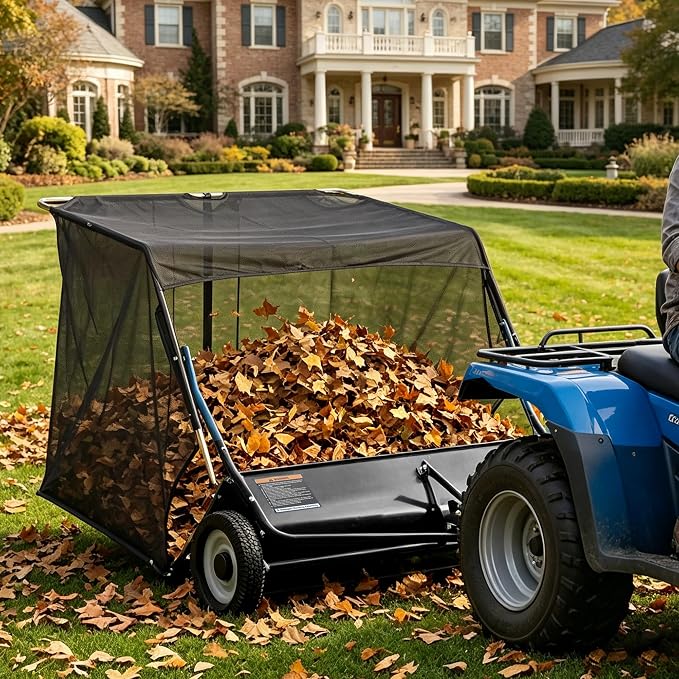 50" Tow Behind Lawn Sweeper, 33 cu. ft Extra-Large Capacity Leaf & Grass Collector-Adjustable Sweeping Height, Dumping Rope Design for Efficient Debris & Grass Cleanup on Yards, Driveways & Sidewalks