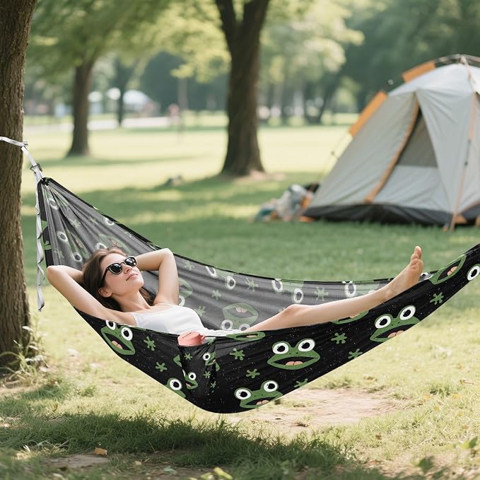 Camping Hammock Outdoor Hammocks for Outside Cute Frog Black Beach Trees Portable Lightweight with Pockets Tree Straps Indoor Small