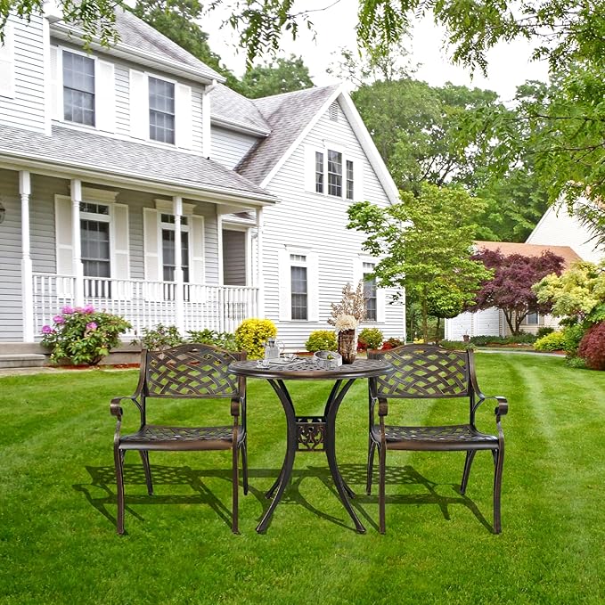 3 Piece Outdoor Dining Set,Cast Aluminum Bistro Set with Umbrella Hole, All Weather Patio Furniture Set, Small Patio Dining Set for Garden/Balcony/Deck, Bronze
