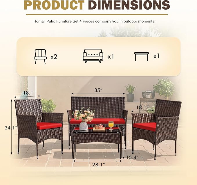 Homall 4 Pieces Patio Rattan Chair Wicker, Outdoor Indoor Use Backyard Porch Garden Poolside Balcony Furniture Sets (Red)