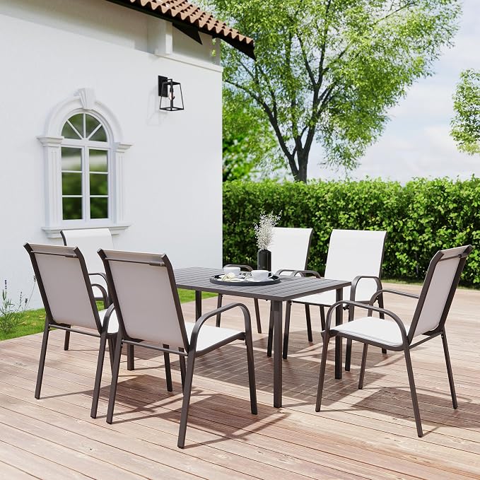 HAPPATIO Outdoor Patio Dining Set, 6 Quick Dry Textilene Dining Chairs and Dining Table with Umbrella Hole, Stackable Textilene Chairs for Garden, Patio and Poolside Backyard, Grey