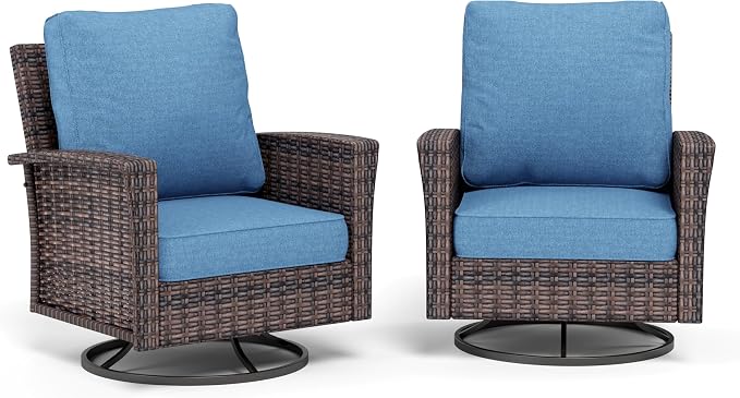 SUNSHINE VALLEY Patio Wicker Swivel Chairs Set of 2, Outdoor High Back Chairs with 5.5" Waterproof Cushions, Outdoor Furniture Set for Deck Porch and Yard, Blue