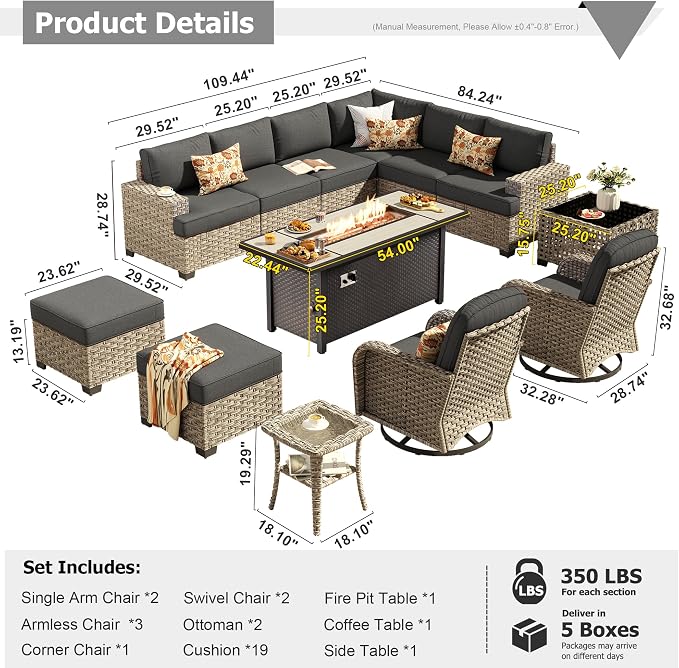HOOOWOOO Outdoor Sectional Patio Furniture Set with Fire Pit Table,13 Pieces Wicker Conversation Sets L Shaped Couch,Extra Deep Out Door Sofa Outside Furniture with Swivel Chairs Ottomans,Black