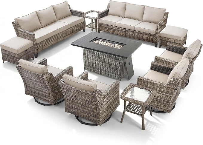 11 Pieces Patio Furniture Set with 42.5" Fire Pit Table-All Weather Wicker Outdoor Furniture with High Back Wicker Patio Chairs Set of 4 Outdoor Couch for Deck Garden Gray/Beige