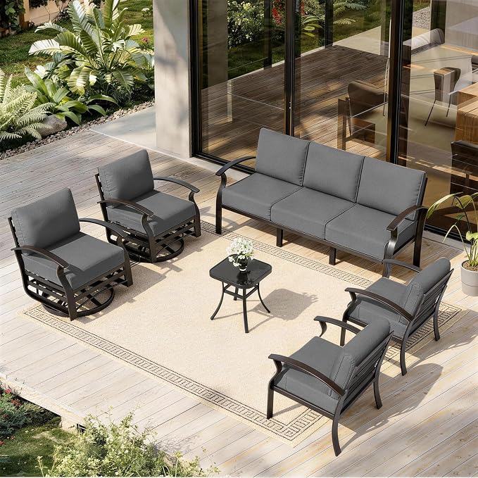 ALAULM Aluminum Patio Furniture Set with 2 Swivel Chairs 7-seat Metal Outdoor Furniture Patio Sectional Sofas Patio Conversation Set w/5.1" Cushions for Patio, Backyard, Poolside-Grey
