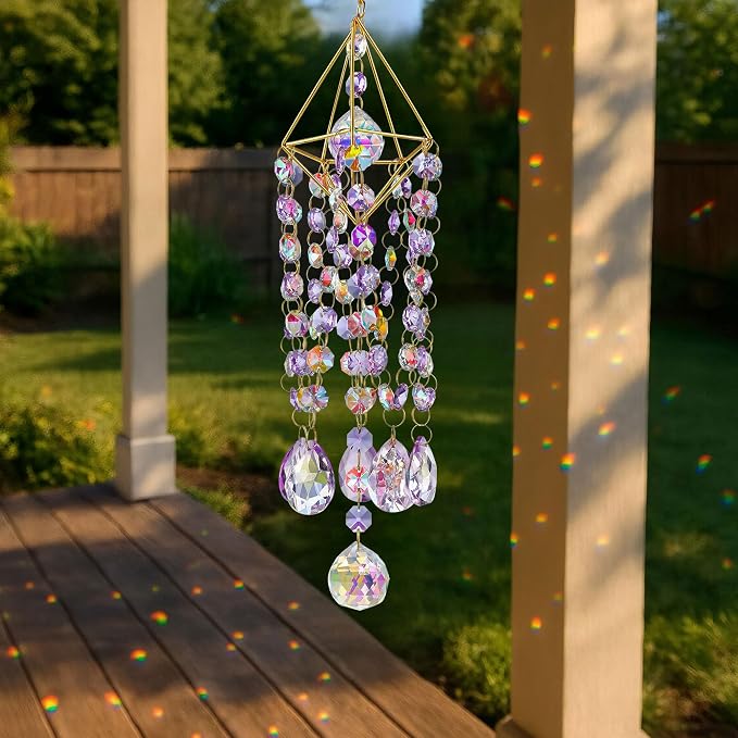 21.5'' Crystal Prisms Suncatcher for Window Hanging,Purple | Rainbow Maker,Sun Catcher Indoor Window,Glass Wind Chimes,Whimsical Decor For Home Garden,Zen Christmas Birthday Gift