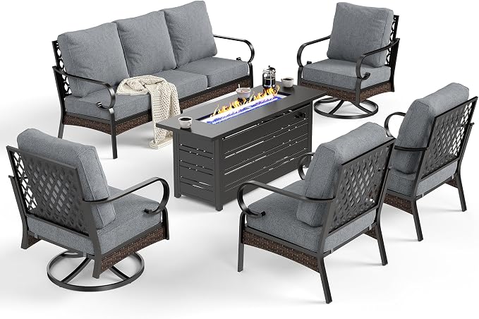 SUNSHINE VALLEY 6 Piece Black Metal Outdoor Patio Furniture Sets with Firepit Table, Patio Conversation Sets 1 3-Seater Sofa, 2 Leg Sofa and 2 Swivel Chair with 5.75" Cushion for Backyard Deck, Gray