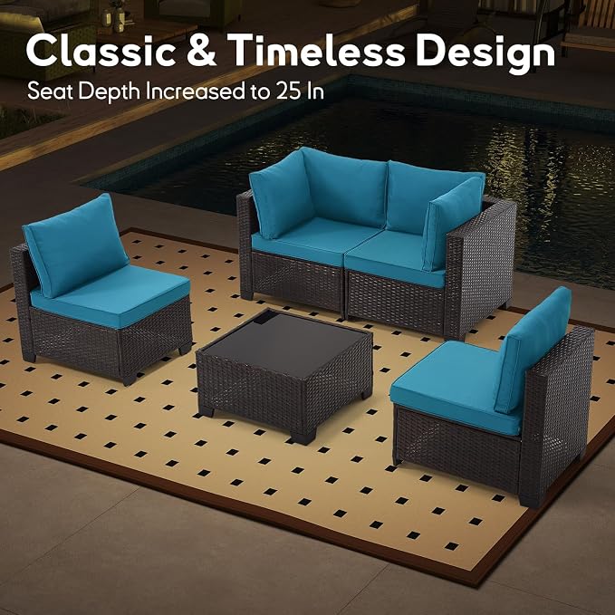 Bonzy Home 5 Pieces Outdoor Patio Furniture Set, PE Rattan Outdoor Sectional Furniture Sofa Set with Removable Cover and Glass Coffee Table, Patio Sofa for Balcony, Porch, Garden, (Brown-Turk Blue)