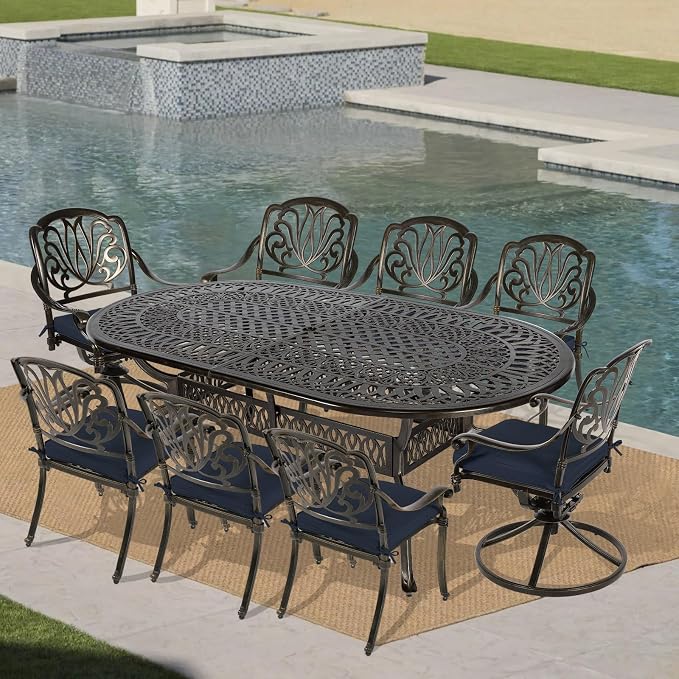 VIVIJASON 9-Piece Outdoor Furniture Dining Set, All-Weather Cast Aluminum Patio Conversation Set, Include 6 Stationary Chairs, 2 Swivel Dining Chairs, Oval Table with Umbrella Hole, Navy Blue Cushion