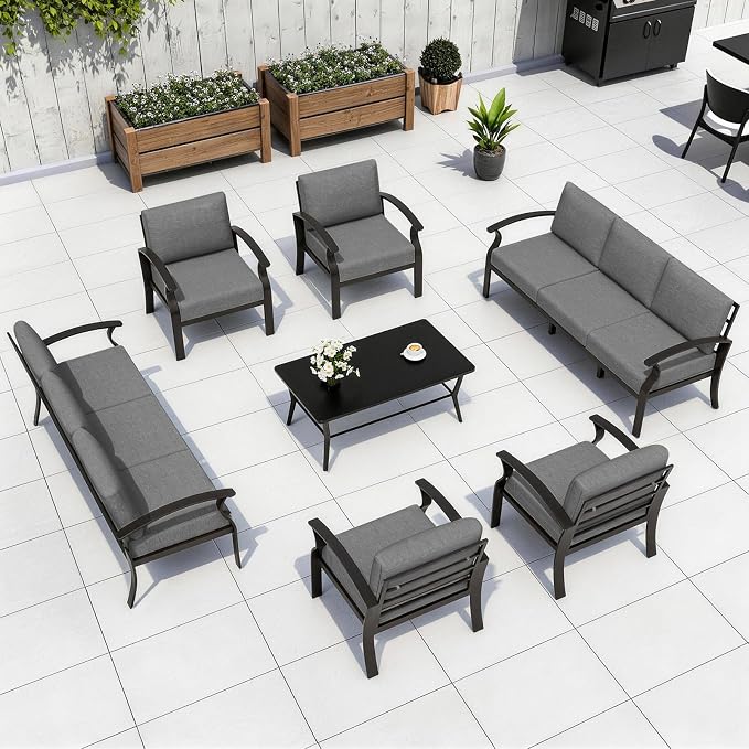Kurapika Aluminum Patio Furniture Set 10-Seat Modern Metal Outdoor Conversation Sets w/5.1 Inch Cushion Patio Sectional Sofa with Rectangular Coffee Table, Grey