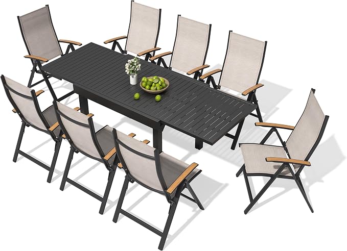 Pellebant 11 Piece Aluminum Outdoor Dining Set for 6-10 Person, 53" - 106" Expandable Outdoor Dining Table and 10 Foldable Chairs, Weather Resistant Outdoor Furniture Set for Deck, Porch & Backyard