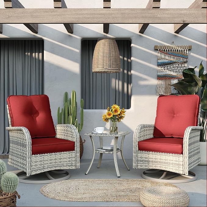 6-Piece Patio Rocking Swivel Chair Outdoor Gliders Wicker Rattan Bistro Set with Tempered Glass Side Table, Outdoor Patio Furniture Set for Garden, Deck, and Balcony, Red