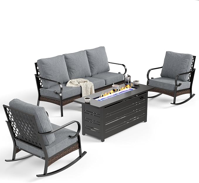 SUNSHINE VALLEY 4 Piece Black Metal Outdoor Patio Furniture Sets with Firepit Table, Patio Conversation Sets 1 3-Seater Sofa, 2 Rocking Sofa with 5.75" Thick Cushion Backyard Furniture for Deck, Gray