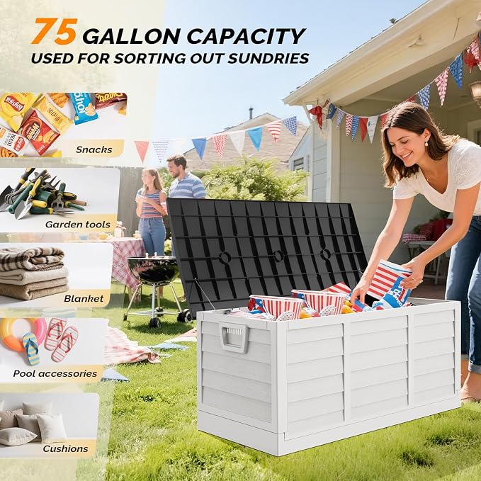 VINGLI 75 Gallon Collapsible Outdoor Storage Box, Simple-to-assemble Plastic Storage Containers with Lid, Patio Deck Box Furniture for Garden, Pool, Balcony, Yard (White)