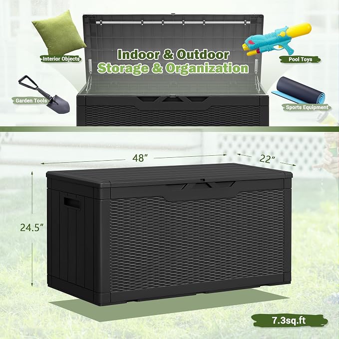 Homall 100 Gallon Deck Box Large Resin Waterproof Outdoor Storage Box with Padlock and Built-in Handles Storage Container for Cushions, Toys and Garden Tools (Black)