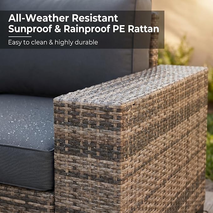 UDPATIO Patio Furniture Set L-Shaped, 8" Width Armrest Sectional Set, Al Weather PE Rattan Conversation Furniture with High Density Cushions and Coffee Table for Outdoor Backyard Porch Grey