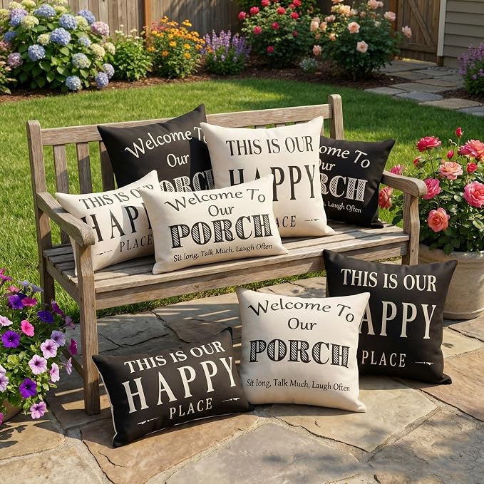 Black and White Welcome to Our Porch Outdoor Pillow Covers Waterproof 18x18 Set of 2, Decorative Farmhouse Outdoor Throw Pillows 18 x 18, Back Porch Decor Patio Furniture Pillows (Without Inserts)