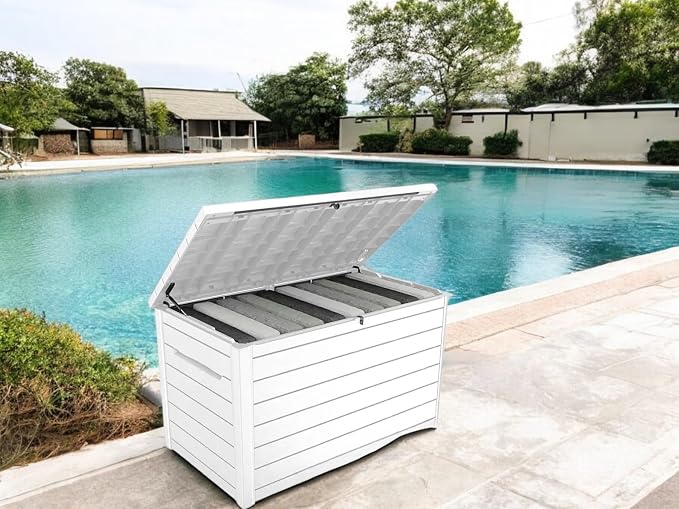Stylish Indoor/Outdoor Storage Deck Box,Resin,Large Capacity, Weather-Resistant, Lockable lid and Side handles. (White, 230 Gallon)