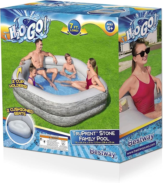 H20GO! TruPrint Stone Inflatable Family Swimming Pool, 7' x 6'9" x 21", with 2 Cup Holders and 2 Cushioned Seats for Kids 6 and Up, Gray