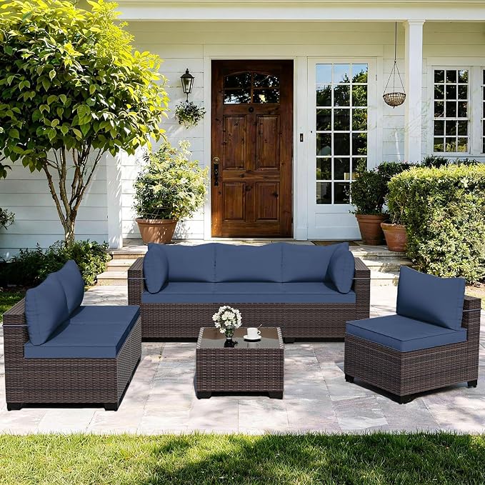 ALAULM Patio Furniture Set with Coffee Table, 7 Pieces Outdoor Sectional with Wide Seat and Thick Cushion, All Weather Wicker Rattan Conversation Set for Backyard, Garden, Deck, NavyBlue