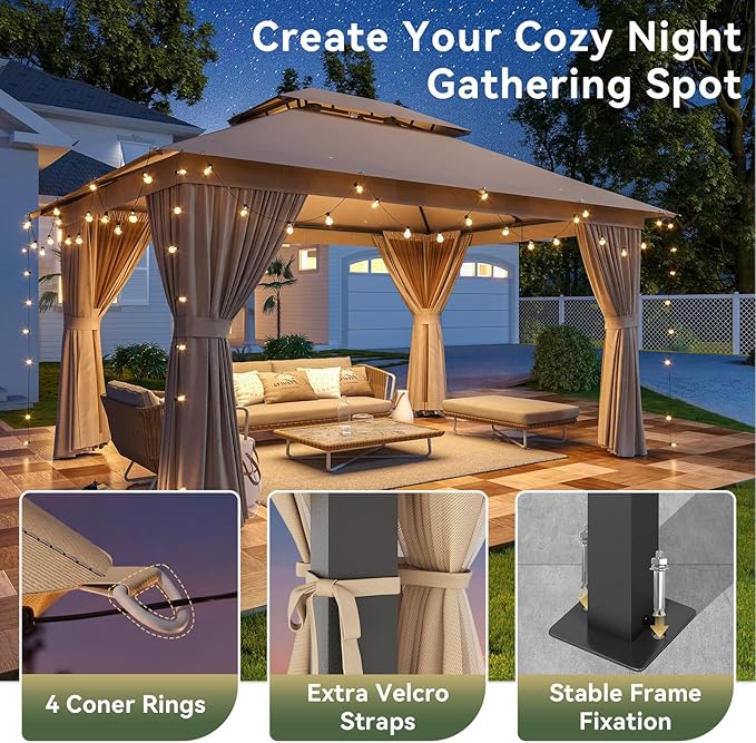 12'x10' Gazebo, Outdoor Gazebo Metal Frame Canopy with Double Roofs, Heavy Duty Patio Tent Shelter with Mosquito Netting and Privacy Screen for Backyard, Beige