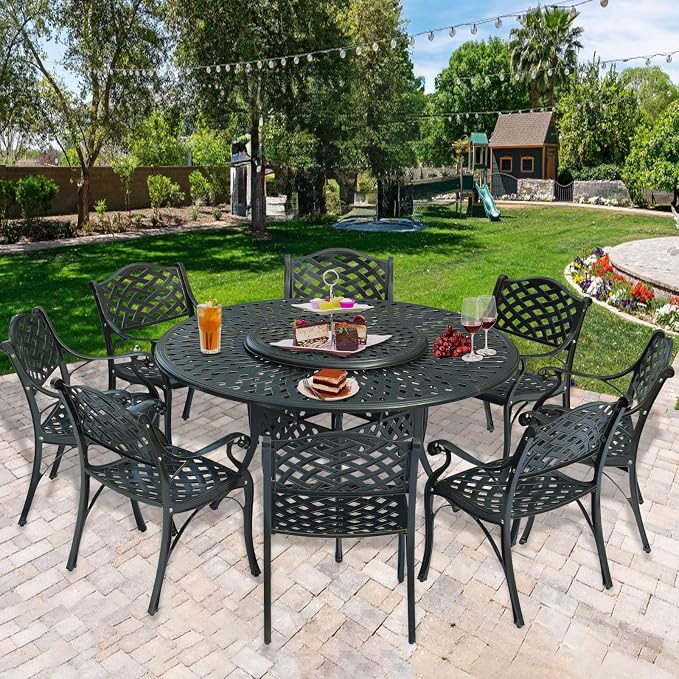 9-Piece Patio Cast Aluminum Dining Set, All Weather Outdoor Dining Furniture Set for 8 Person, Includes 8 Dining Chairs and 61" Large Round Dining Table w/ 31" Lazy Susan, Umbrella Hole