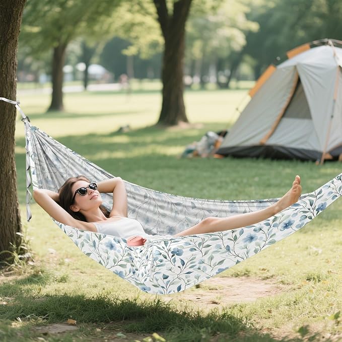 Camping Hammock Outdoor Hammocks for Outside Lightblue Flower Beach Trees Portable Lightweight with Pockets Tree Straps Indoor