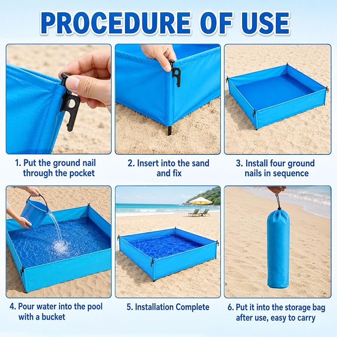 6x4.7 Ft Beach Puddle for Toddlers, Portable Beach Pool with Umbrella,No Dig Large Sand Free Sandbox Water Play Mat Beach Essentials with Carrying Bag for Boys Girls