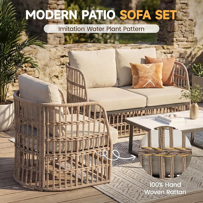 4 Piece Patio Conversation Set, Modular Outdoor Sectional Furniture Set for 4, Rattan Patio Sofa Couch with Cushions, Modern Patio Furniture Set with Coffee Table for Deck/Balcony/Porch, Beige