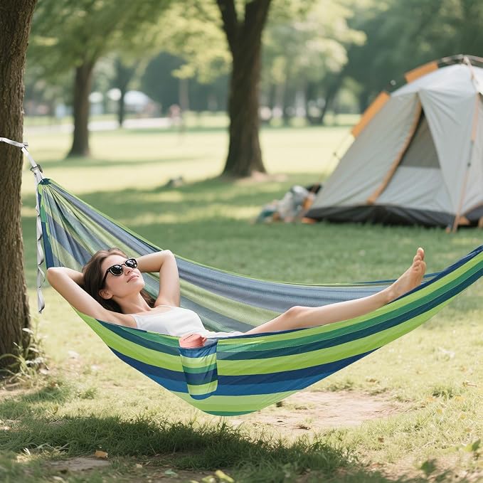 Camping Hammock Outdoor Hammocks for Outside Green Blue Stripe Beach Trees Portable Lightweight with Pockets Tree Straps Indoor