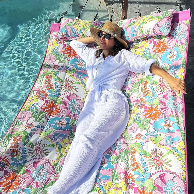 Lazy Daze Hammocks 12 FT Quilted Fabric Hammock with Curved Aluminium Spreader Bar, Double Hammock for Outside with Soft Pillow & Side Pocket 450 Lbs Capacity, Pink Floral