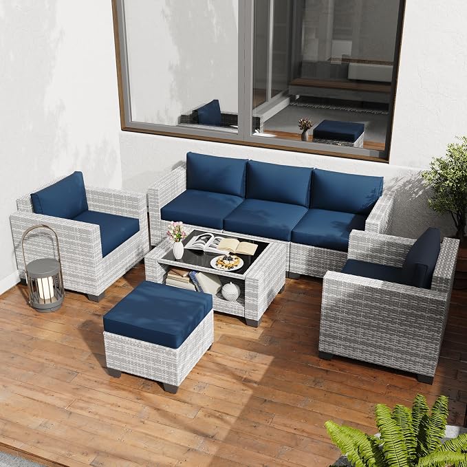KIGOTY Patio Furniture Set 7 PCS Patio Conversation Sets, All-Weather PE Rattan Outdoor Sectional Sofa with Cushion and 2- Tier Glass Coffee Table(Grey White/Dark Blue)