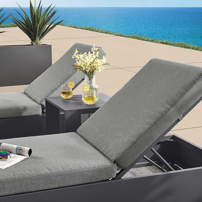 Modway Tahoe Aluminum Outdoor Patio Set of 2 Chaise Side Gray Charcoal, 3-Piece Set of Pool Lounge Chairs and Accent Table for Backyard Furniture