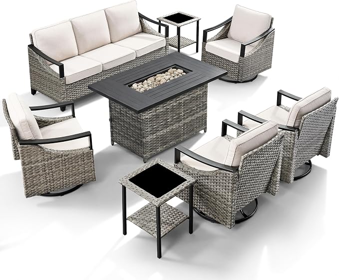 Patio Furniture Set with 42.5" Fire Pit Table-8 Pieces All Weather Wicker Outdoor Furniture with High Back Swivel Patio Chairs Set of 4 Outdoor Patio Conversation for Deck Garden Beige/Gray