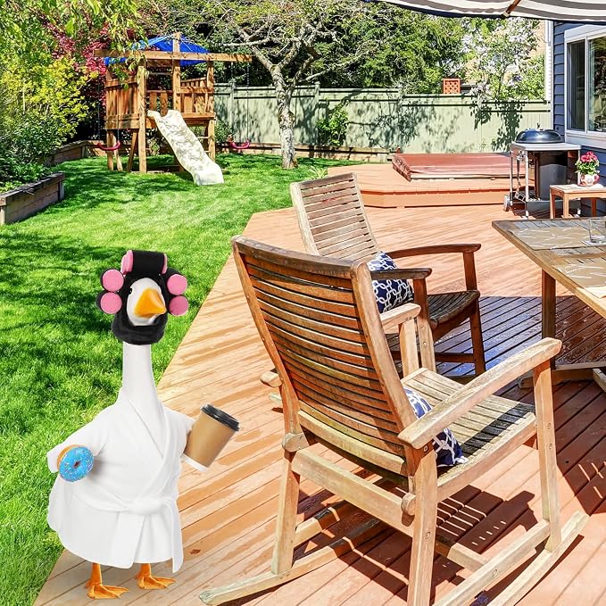 Shyyween Winter Goose Outfit Lady Porch Goose Outfit for 23'' Cement Plastic Geese Statue Clothes White Bathrobe Curlers Coffee Cup for Outdoor Garden Lawn Yard Patio Decoration