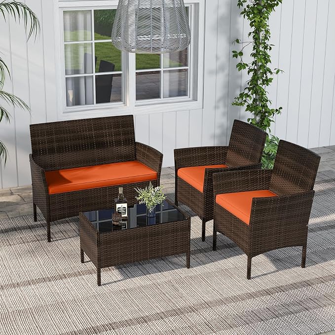 RELAX4LIFE 8-Piece Patio Furniture Set - Rattan Outdoor Conversation Bistro Set w/Cushions, Glass Coffee Table, Wicker Chairs & Loveseat for Garden Backyard Porch, Balcony Furniture Set (2, Orange)