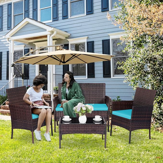 Patio Furniture Set, Outdoor Furniture Set 4 Pieces Patio Conversation Set PE Rattan Chair with Cushion Tempered Glass Table Garden Balcony Sets for Yard Pool Backyard Brown/Blue