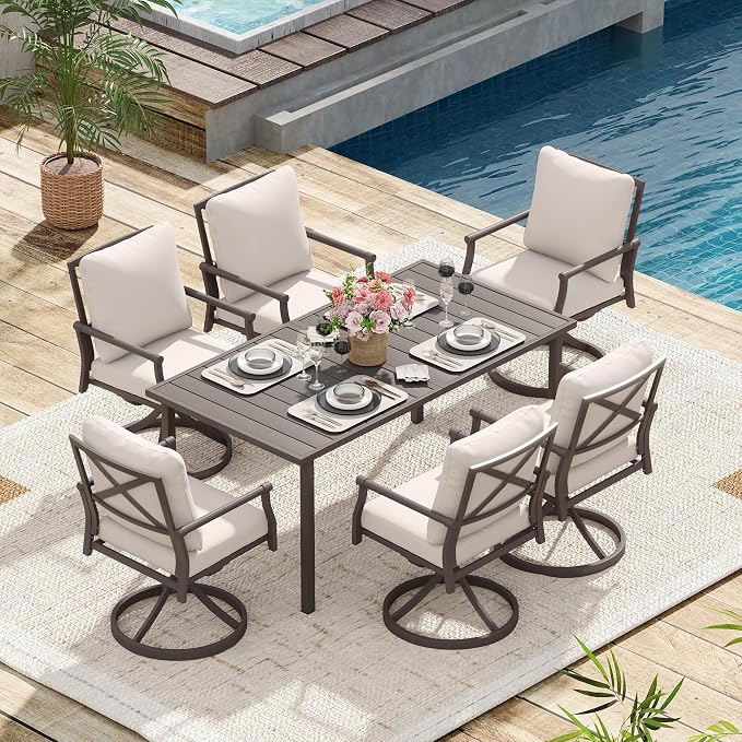 HAPPATIO Patio Dining Set, Metal Outdoor Table and Chairs Set for 6, Powder-Coated Swivel Rocking Chairs with Thickened Cushions, 60" Rectangular Table with 1.5" Umbrella Hole for Deck Backyard Lawn