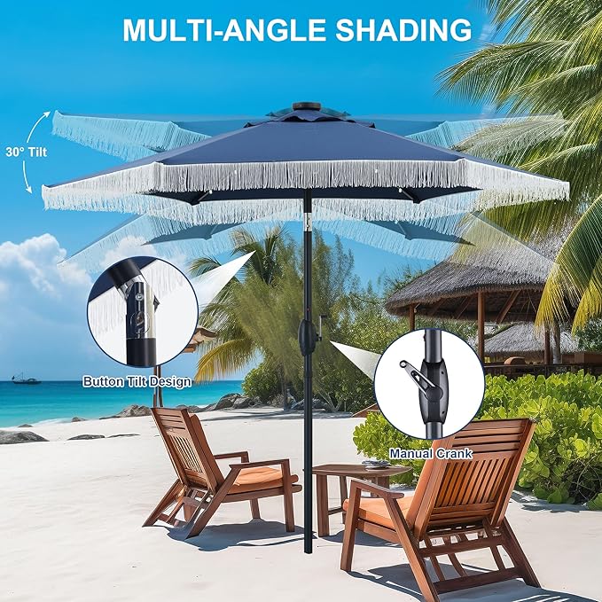 GDY 7.5 ft Fringe Patio Umbrella with 18 LED Solar Lights ,Stylish Fringe Decor for Graden, Pool, Beach, Deck, Navy Blue