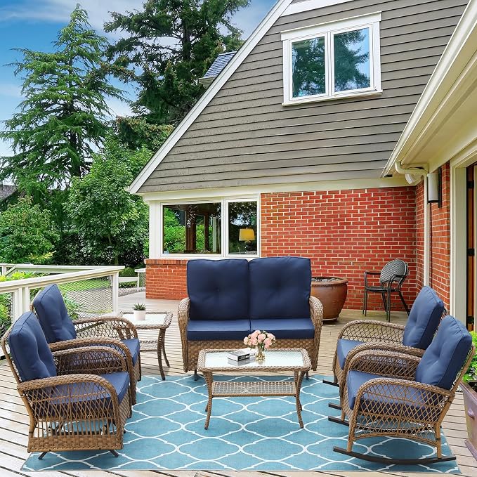 7-Piece Wicker Patio Furniture Sets Outdoor All-Weather Rattan Conversation Set Includes Glider Loveseat, 2 Glass-Top Coffee Tables, 2 Glider-Rocker Chairs for Porch Backyard, Navy Blue
