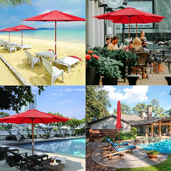 Yescom 9ft Coastal Solid Wood Umbrella Pulley Lift Commercial Base with Wheel Included for Seaside Restaurant Terrace Poolside Beach Club