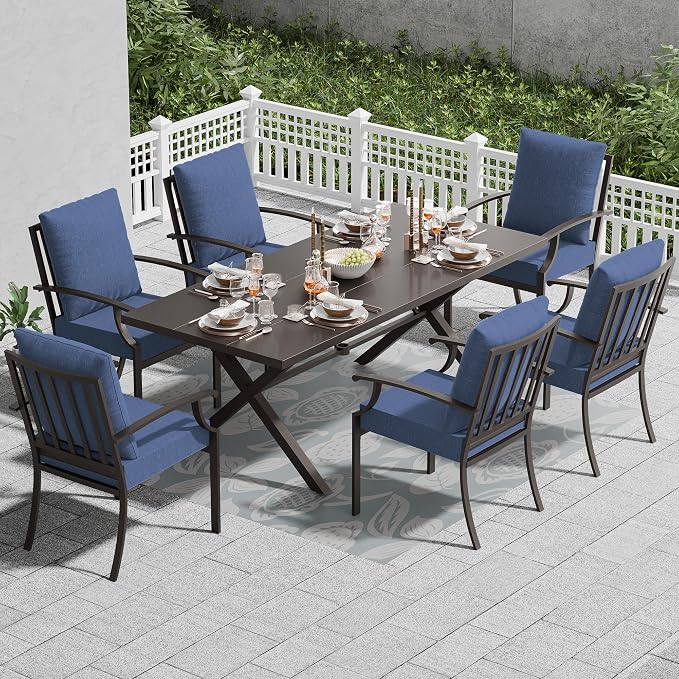 7 Piece Outdoor Dining Set for 6, Metal Patio Table and Chairs with Cushions, Patio Furniture Set with 6 Stackable Chairs, Rectangular Patio Dining Table with Umbrella Hole, Lawn Deck, Yard-Navy