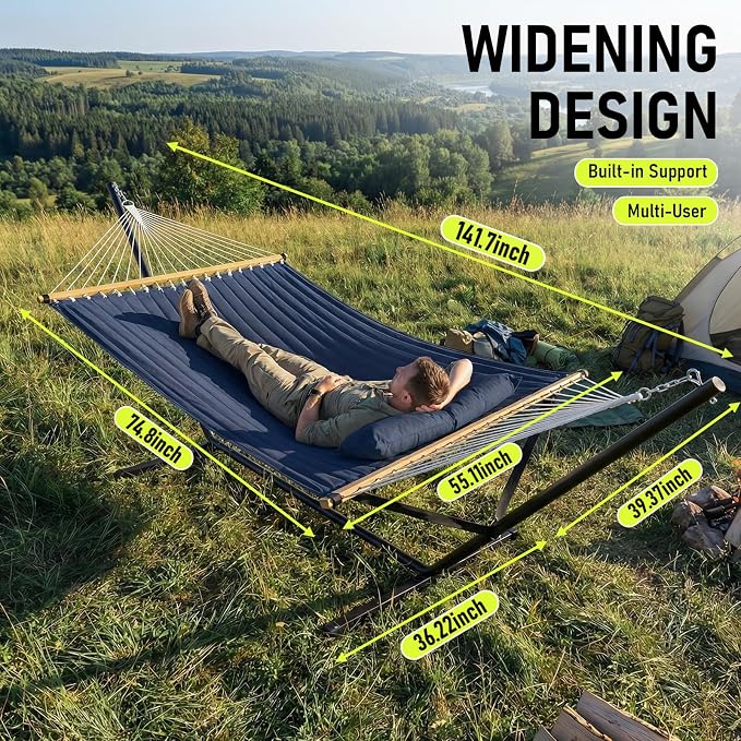 FULIYE Double Hammock with Stand for Outdoor,2 Person Heavy Duty Portable Hammock with Adjustable Steel Stand and Balance Ropes Included – for Patio, Backyard, Garden, Beach (Purplish Blue)