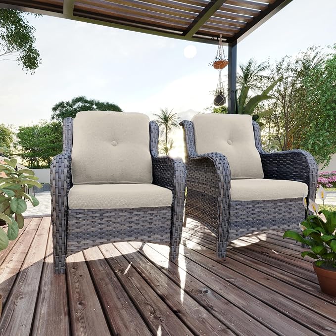 Outdoor Wicker Chair Rattan Patio Dining Chairs Set of 6 PE Wicker Patio Chairs with 4 inch Seat Cushions Patio Seating Chair for Garden, Backyard Swimming Pool, Balcony, Beige