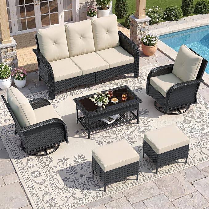 UDPATIO High Back Patio Furniture Set with 2 Swivel Rocker Chairs, Wicker Outdoor Conversation Sets with Thick Cushions & Ottoman, for Garden, Porch