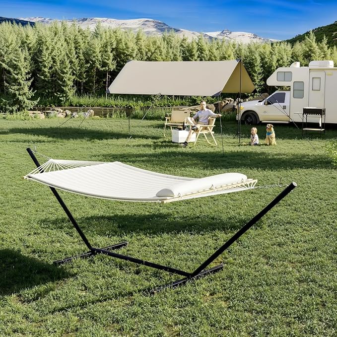 Double Hammock with Foldable Stand, 2 Person Hammock with Quilted Polyester Pad, Heavy Duty Portable Hammocks with Carrying Bag for Outdoor, Patio, Backyard, Poolside, 450 lbs Capacity, Beige
