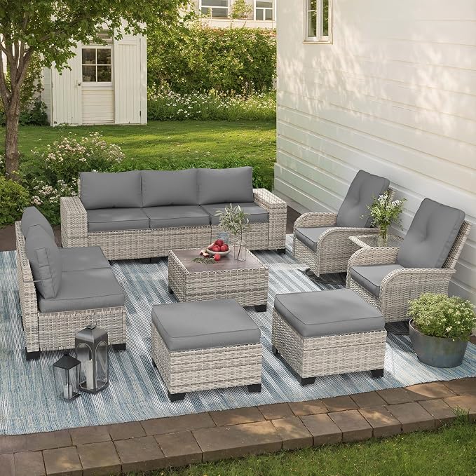11-Piece Outdoor Patio Furniture Set with Rocking Swivel Chair Wicker Sectional Sofa Set, Patio Conversation Set with Ottomans & Coffee Table for Garden, Backyard, Poolside, Grey