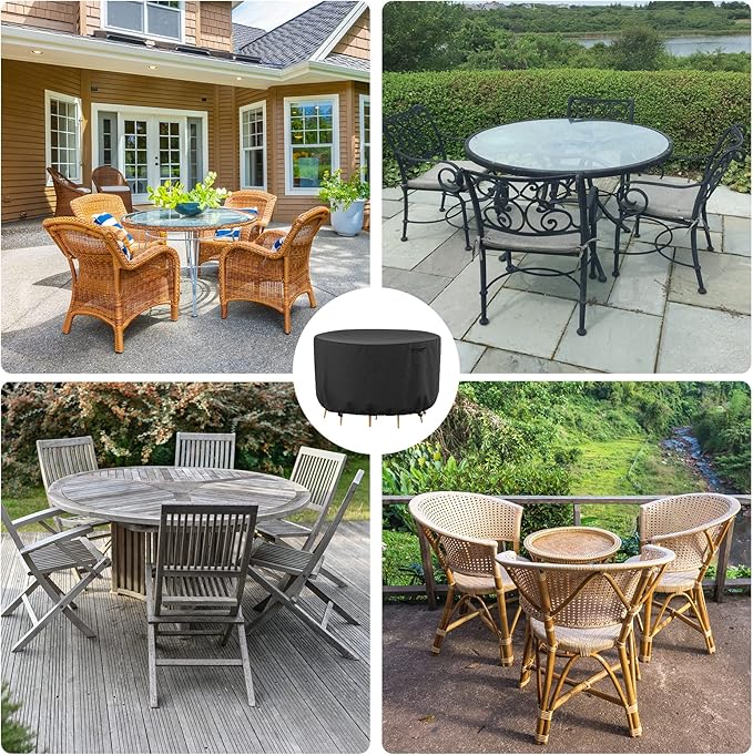 Mrrihand Round Patio Table Cover - Heavy Duty Outdoor Furniture Cover Waterproof Patio Furniture Covers for Outdoor Furniture Set, 72"DIAx28"H, Black